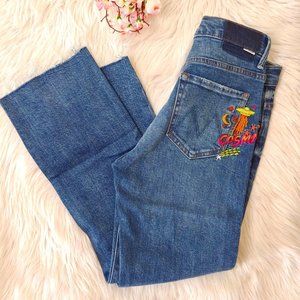 Mother Denim embroidery jeans raw hem straight fit Looker Ankle Fray High Rise